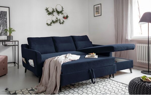 Divano letto angolare in velluto blu scuro, angolo destro Stylish Stan - Miuform