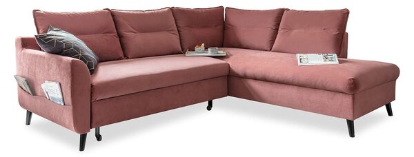 Divano letto angolare in velluto rosa L, angolo destro Stylish Stan - Miuform