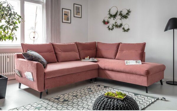 Divano letto angolare in velluto rosa L, angolo destro Stylish Stan - Miuform