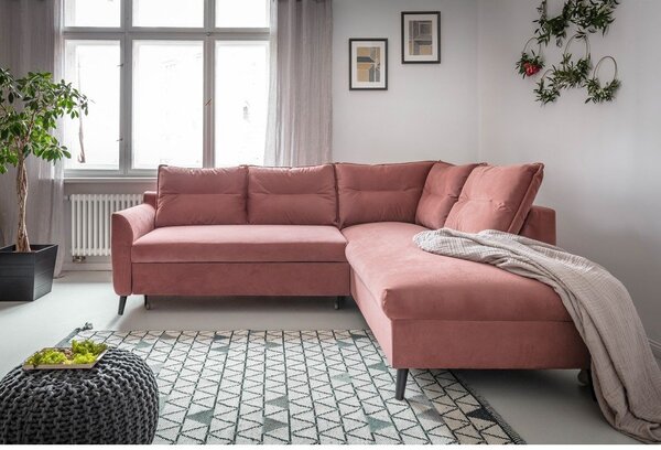 Divano letto angolare in velluto rosa L, angolo destro Stylish Stan - Miuform