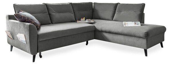 Divano letto angolare in velluto grigio chiaro L, angolo destro Stylish Stan - Miuform