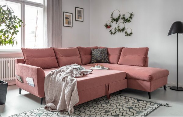 Divano letto angolare in velluto rosa L, angolo destro Stylish Stan - Miuform