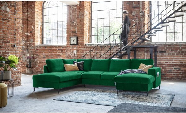 Divano letto a U in velluto verde, angolo sinistro Lofty Lilly - Miuform