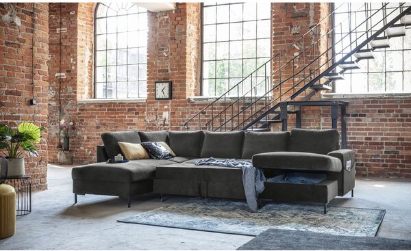 Divano letto a U in velluto grigio scuro, angolo sinistro Lofty Lilly - Miuform