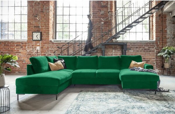 Divano letto a U in velluto verde, angolo sinistro Lofty Lilly - Miuform