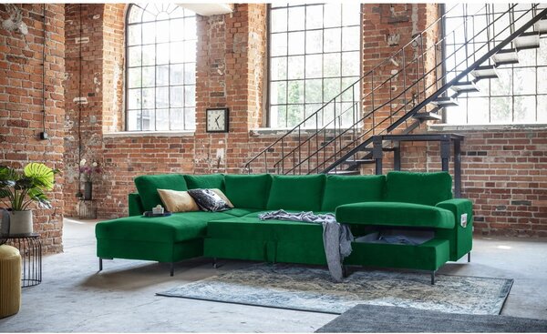 Divano letto a U in velluto verde, angolo sinistro Lofty Lilly - Miuform