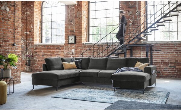 Divano letto a U in velluto grigio scuro, angolo sinistro Lofty Lilly - Miuform