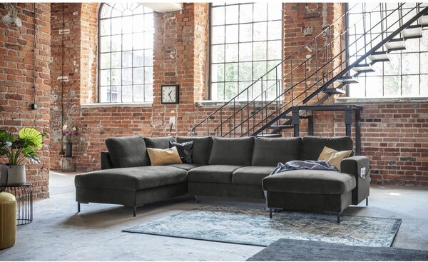Divano letto a U in velluto grigio scuro, angolo sinistro Lofty Lilly - Miuform
