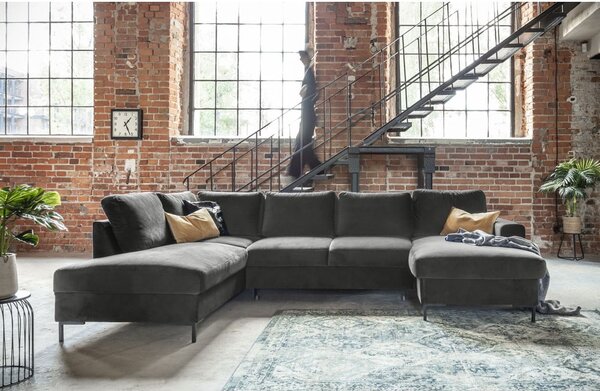 Divano letto a U in velluto grigio scuro, angolo sinistro Lofty Lilly - Miuform