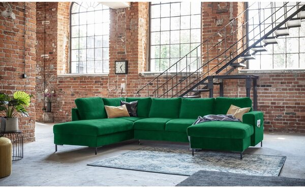 Divano letto a U in velluto verde, angolo sinistro Lofty Lilly - Miuform