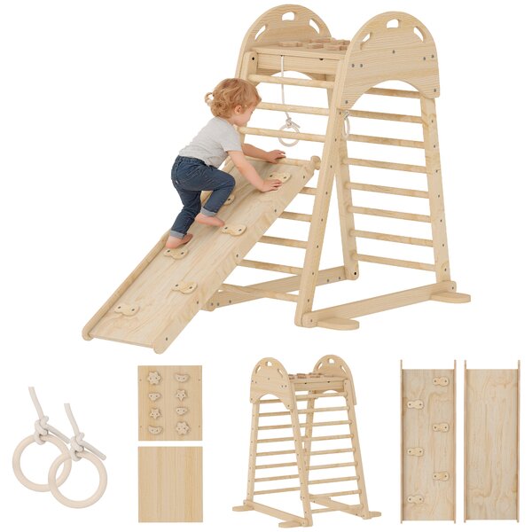 AIYAPLAY Triangolo da Arrampicata Montessori 6 in 1 con Piattaforma e Anelli Struttura da Arrampicata in Legno con Scivolo | Aosom Italy