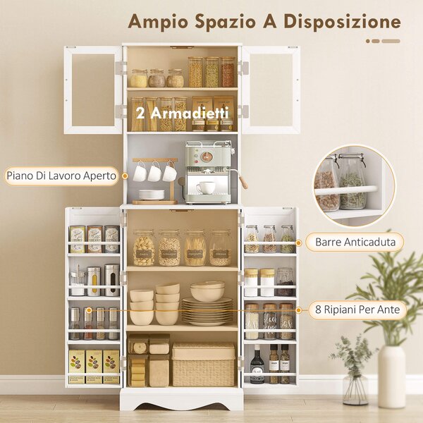 HOMCOM Mobile Dispensa Cucina con 2 Armadietti e 8 Ripiani, in Legno e Acrilico, 60x39.5x179.6 cm, Bianco | Aosom Italy
