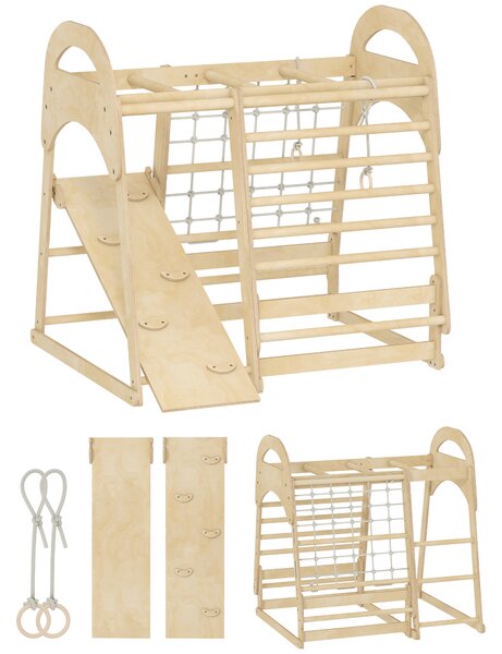 AIYAPLAY Struttura da arrampicata per interni 6-in-1, con scivolo, sbarre, rete e parete da arrampicata, scala, 3-6 anni, Legno | Aosom Italy