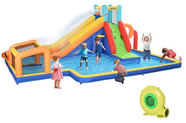 Outsunny Castello Gonfiabile per Bambini 3-8 Anni con Scivolo, Parete, Porta e Canestro, in Tessuto Oxford, 590x460x220 cm|Aosom