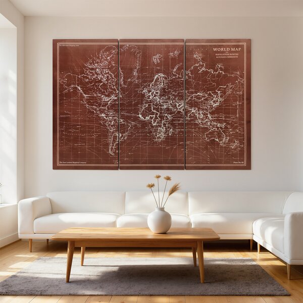HOMCOM Quadri su Tela Trittici Mappa del Mondo Vintage con Cornice in Legno 120x60 cm Marrone | Aosom Italy