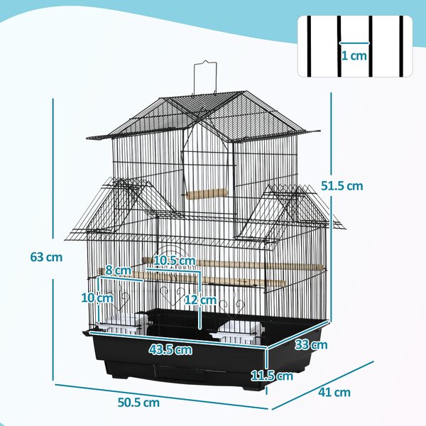 PawHut Gabbia per Uccelli con Maniglia di Trasporto e Vassoio Estraibile, in Metallo e Plastica, 50.5x41x63 cm, Nero|Aosom
