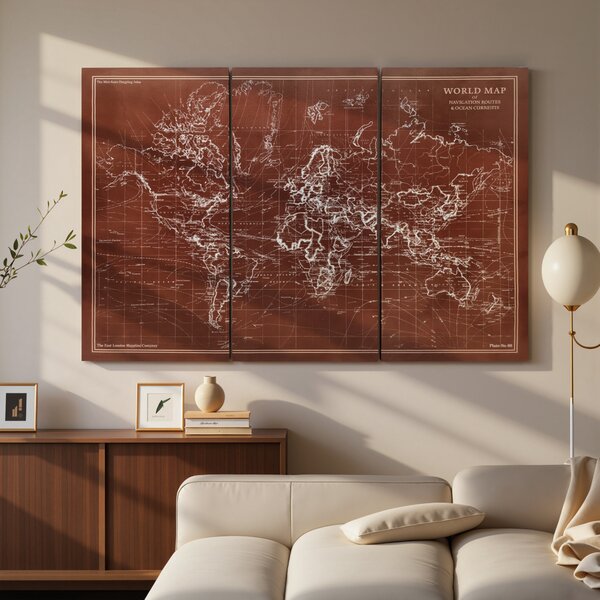 HOMCOM Quadri su Tela Trittici Mappa del Mondo Vintage con Cornice in Legno 120x60 cm Marrone | Aosom Italy