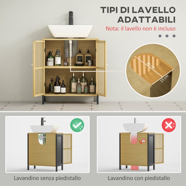 HOMCOM Mobile Sottolavabo Bagno con 2 Ante a Doghe in Legno di Bambù e MDF con Intaglio a U, 60x30x70cm|Aosom