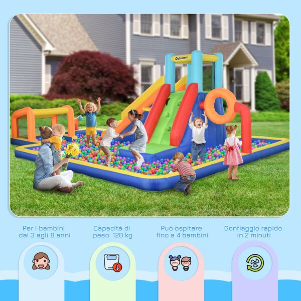 Outsunny Castello Gonfiabile per Bambini 3-8 Anni con Scivolo, Parete, Porta e Canestro, in Tessuto Oxford, 590x460x220 cm|Aosom