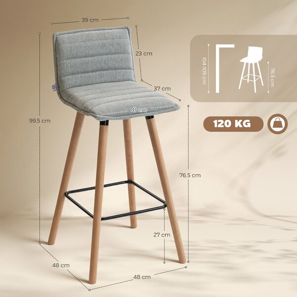 HOMCOM Set di 2 sgabelli da bar, sedie da bar, seduta imbottita, schienale e poggiapiedi, 48 x 48 x 99,5 cm, grigio | Aosom Italy