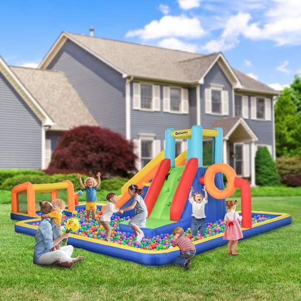Outsunny Castello Gonfiabile per Bambini 3-8 Anni con Scivolo, Parete, Porta e Canestro, in Tessuto Oxford, 590x460x220 cm|Aosom