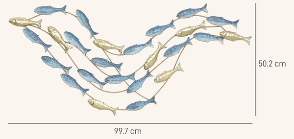 HOMCOM Wall Art Banco di Pesci in Metallo con Viti Incluse, 99.7x3.8x50.2 cm, Oro e Blu | Aosom Italy