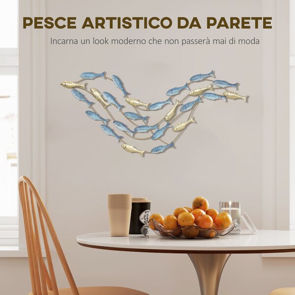 HOMCOM Wall Art Banco di Pesci in Metallo con Viti Incluse, 99.7x3.8x50.2 cm, Oro e Blu | Aosom Italy