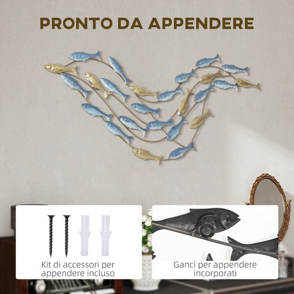 HOMCOM Wall Art Banco di Pesci in Metallo con Viti Incluse, 99.7x3.8x50.2 cm, Oro e Blu | Aosom Italy