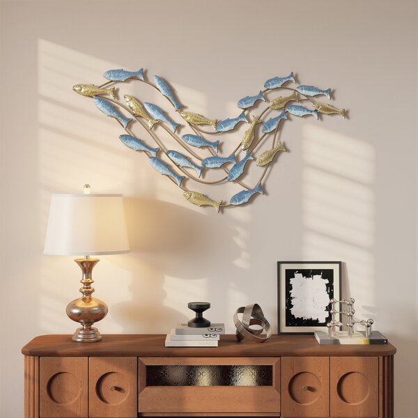 HOMCOM Wall Art Banco di Pesci in Metallo con Viti Incluse, 99.7x3.8x50.2 cm, Oro e Blu | Aosom Italy