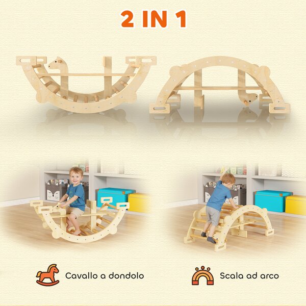 AIYAPLAY Arco Montessori in Legno per Bambini 2-4 Anni Convertibile in Dondolo 110x52x45 cm, color Legno | Aosom Italy