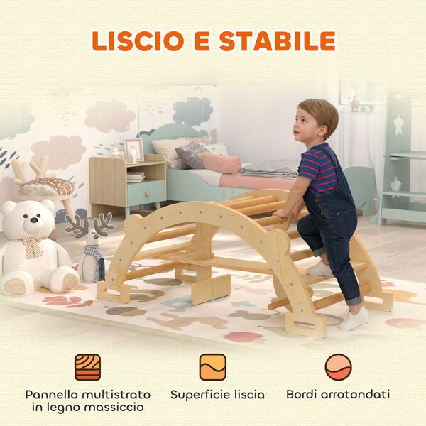 AIYAPLAY Arco Montessori in Legno per Bambini 2-4 Anni Convertibile in Dondolo 110x52x45 cm, color Legno | Aosom Italy
