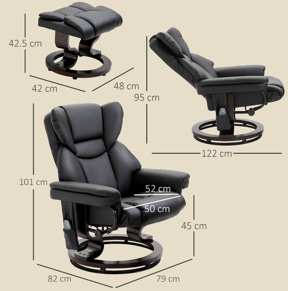 HOMCOM Poltrona Relax con Pouf Poggiapiedi e Funzione Massaggio, Reclinabile a 145° e Girevole a 360°, Nero | Aosom Italy