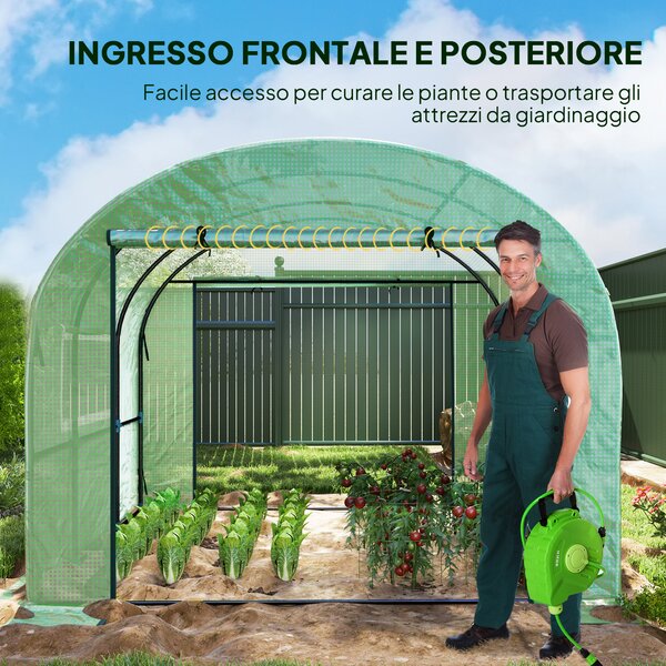 Outsunny Serra a Tunnel per Orto 3x3x2 m in Acciaio e PE Anti UV con Porte Avvolgibili e Finestre, Verde | Aosom Italy
