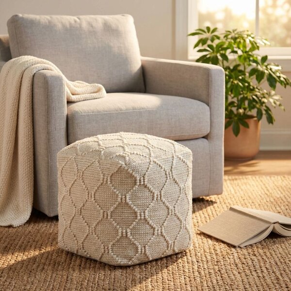 MELILLA - pouf in lana avorio con decoro 40 x 40