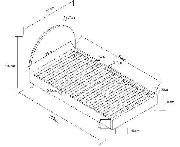 Letto singolo imbottito bianco con griglia 90x200 cm MOON - Vipack