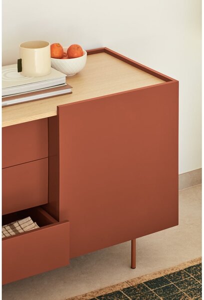 Cassettiera bassa in rovere decorato color mattone-naturale 180x78 cm Otto - Teulat