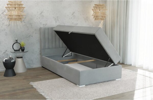 Letto singolo imbottito con contenitore grigio chiaro con materasso e topper inclusi 100x200 cm Bunny – Ropez