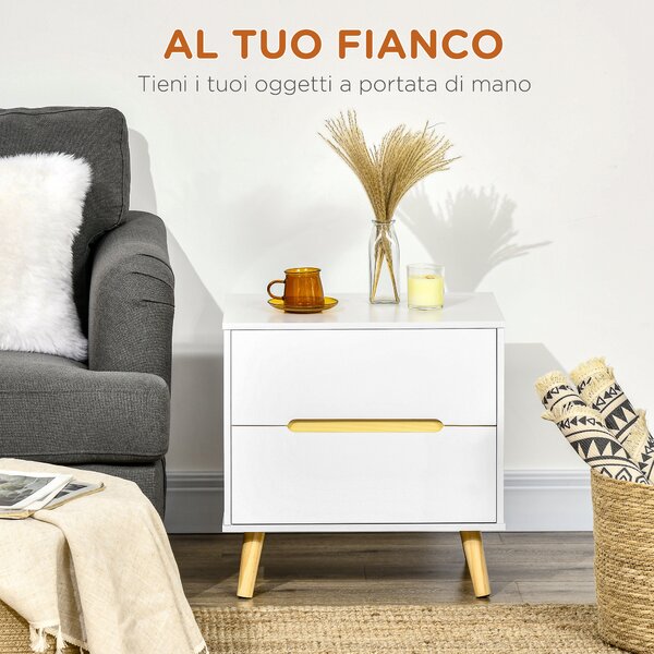 HOMCOM Comodino Bianco Moderno per Camera da Letto, con 2 Cassetti e Gambe in Legno di Pino, 50Lx40Px50.5A cm | Aosom