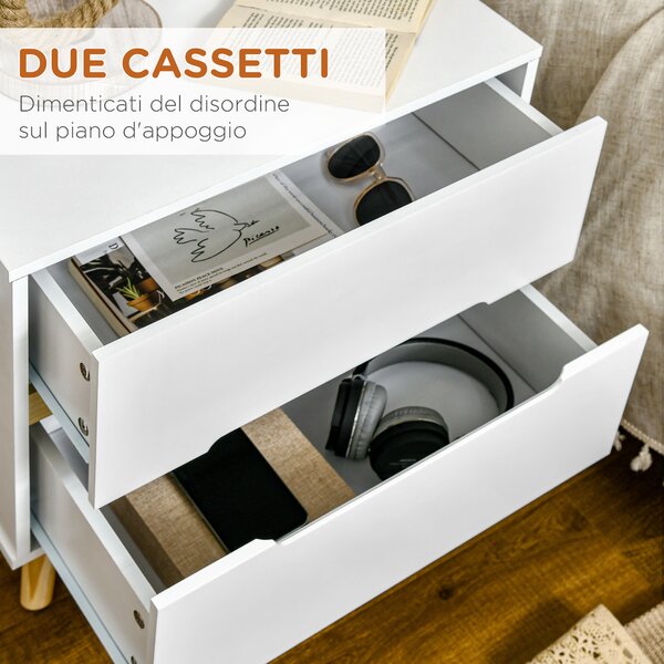 HOMCOM Comodino Bianco Moderno per Camera da Letto, con 2 Cassetti e Gambe in Legno di Pino, 50Lx40Px50.5A cm | Aosom