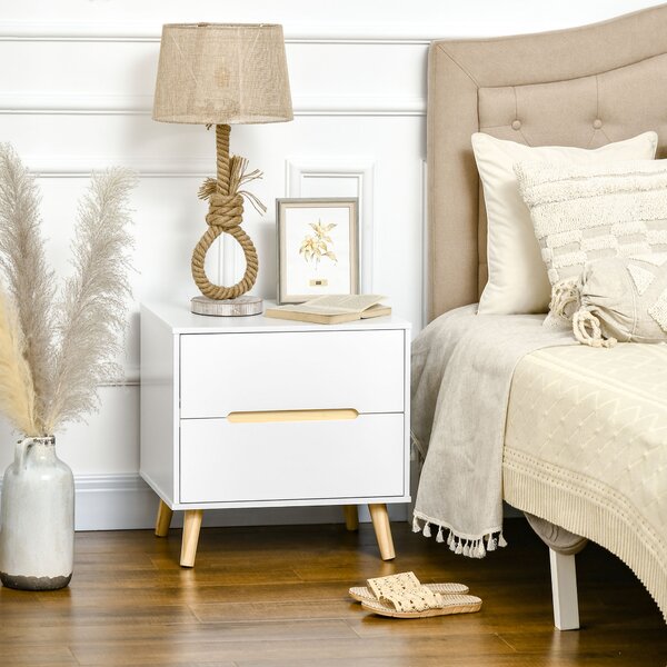 HOMCOM Comodino Bianco Moderno per Camera da Letto, con 2 Cassetti e Gambe in Legno di Pino, 50Lx40Px50.5A cm | Aosom