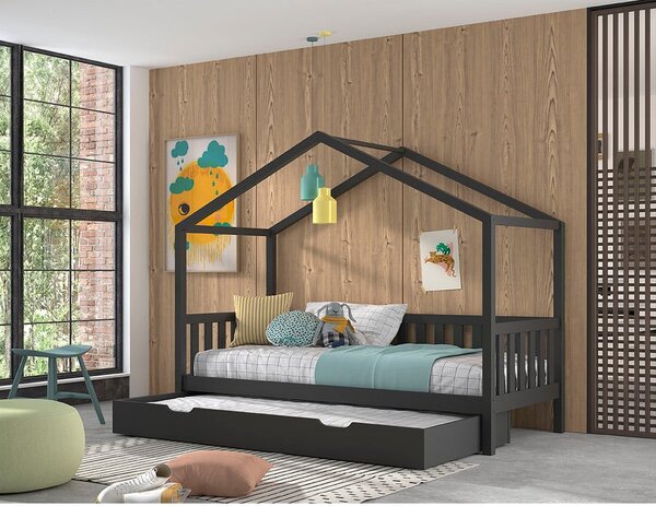 Letto per bambini in legno di pino antracite con letto estraibile e contenitore 90x200 cm DALLAS - Vipack