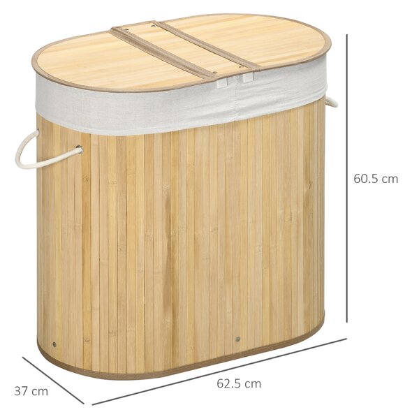 HOMCOM Cesto Portabiancheria in Bambù a 2 Sezioni, 2 Coperchi e Capacità 100L con Sacca Interna Removibile, 62.5x37x60.5 cm, Bianco e Color Legno