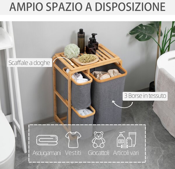 HOMCOM Cesto Portabiancheria con 3 Scomparti Estraibili in Tessuto e Bambù, 50x32x69.7cm|Aosom