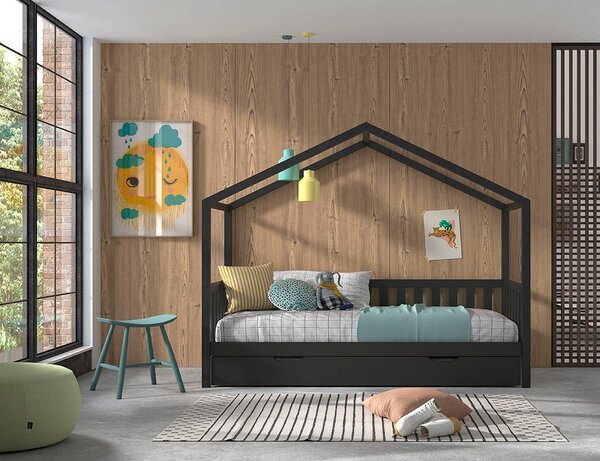 Letto per bambini in legno di pino antracite con letto estraibile e contenitore 90x200 cm DALLAS - Vipack