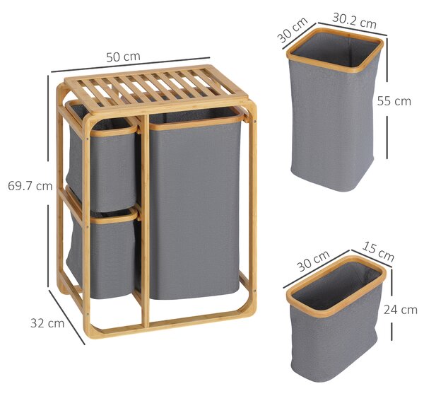 HOMCOM Cesto Portabiancheria con 3 Scomparti Estraibili in Tessuto e Bambù, 50x32x69.7cm|Aosom