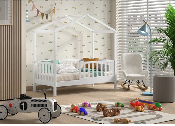 Letto da bambini a forma di casa bianco in pino massiccio con rete inclusa 70x140 cm DALLAS – Vipack
