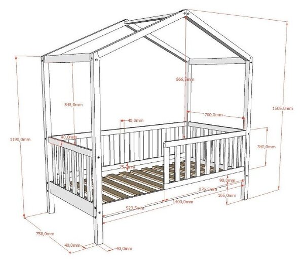 Letto da bambini a forma di casa bianco in pino massiccio con rete inclusa 70x140 cm DALLAS – Vipack