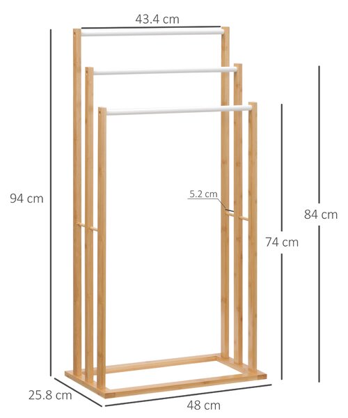 HOMCOM Portasciugamani da Terra in Bambù con 3 Sbarre in Acciaio, Autoportante, 48x25.8x94cm, Color Legno | Aosom
