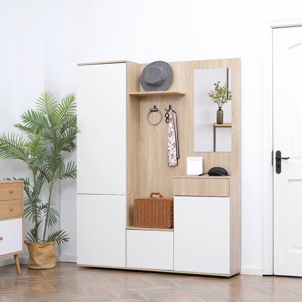 HOMCOM Mobile da Ingresso 4 in 1 con appendiabiti, panca, scaffale aperto, cassetto e degli armadietti , 145x29x184 cm, Nero e Bianco| Aosom Italy