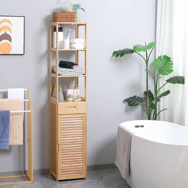 Kleankin Mobile Colonna Bagno con Armadietto, Cassetto e 3 Ripiani Aperti, in Bambù, 32x30x163 cm, Color Legno|Aosom